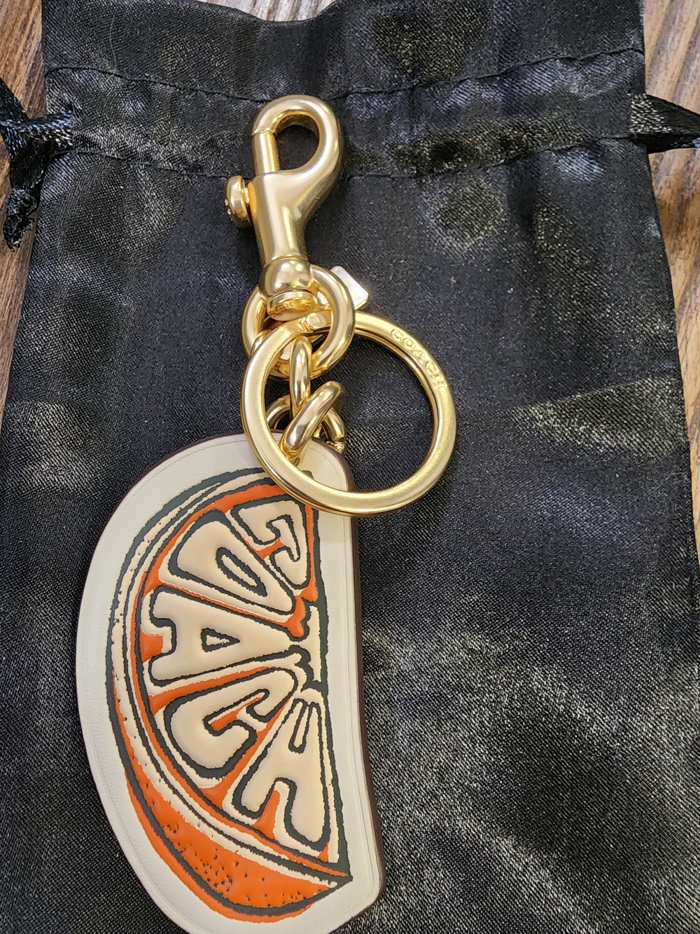 Coach Gold Hardware Keychain with Orange 'Coach' Arch Charm